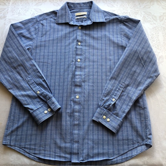 Michael Kors Men’s Size L (16.5 34/35) Blue Plaid Dress Work Burton-Up Shirt - Picture 1 of 14